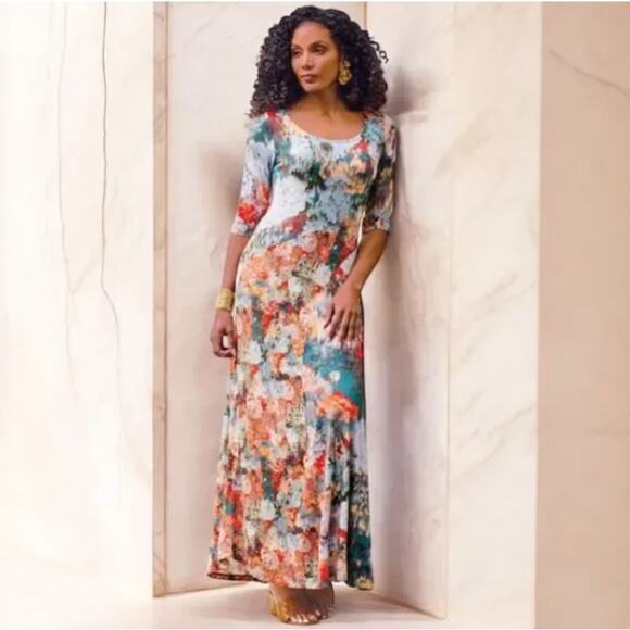 Soft Surroundings Women's Nanette Watercolor Abstract Floral Maxi Dress Medium - Picture 1 of 8